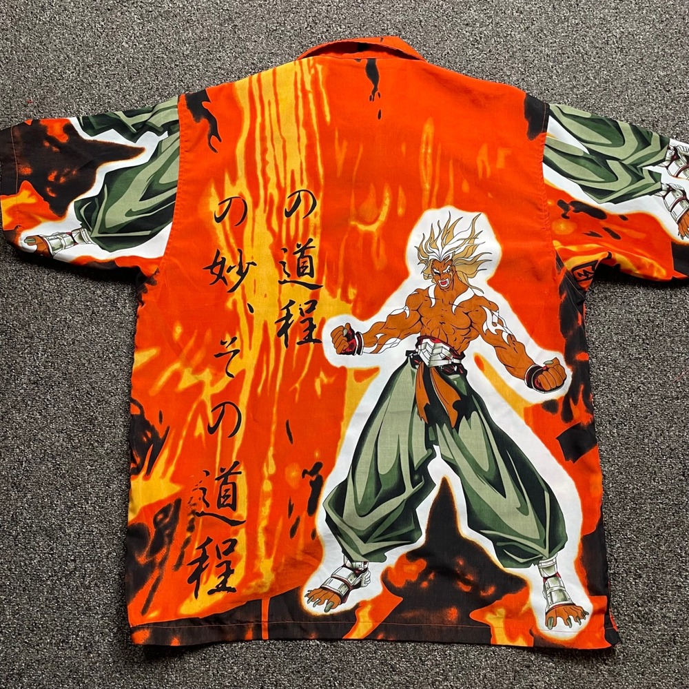 Vintage Jaws Anime Warrior Flame Graphic Button Down Shirt Orange Mens Large - Picture 3 of 6